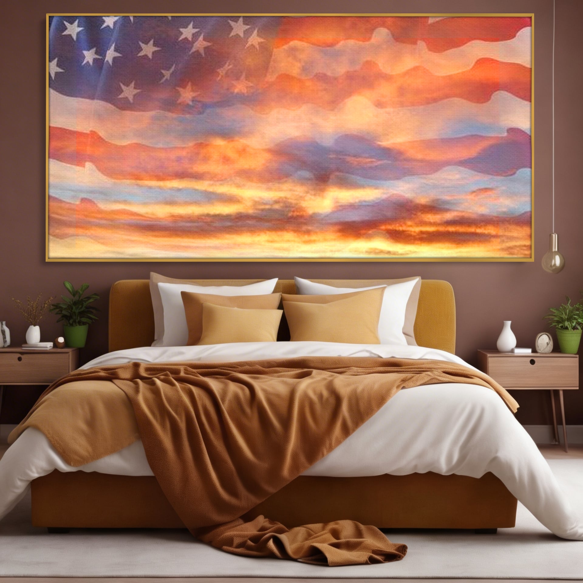 Tablou canvas cu tablou canvas cu steagul american si apus, in rama de aluminiu auriu, pe perete intr-un dormitor
